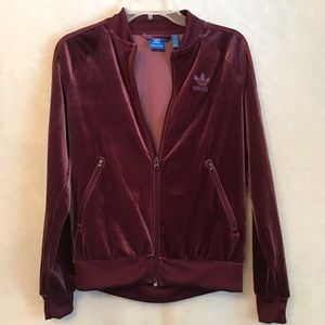 Adidas Maroon 3 Stripes Velvet Track Jacket Coat